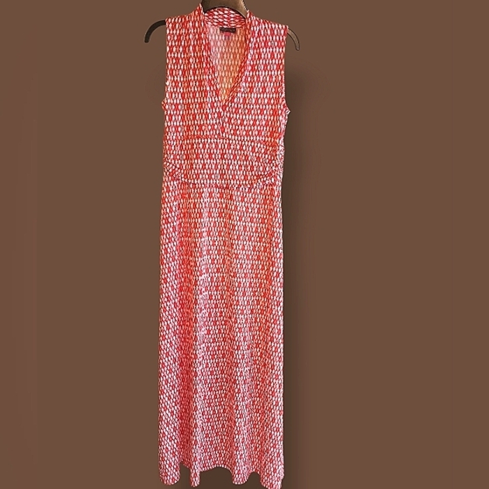 Vince Camuto sleeveless maxi dress with an orange and white print